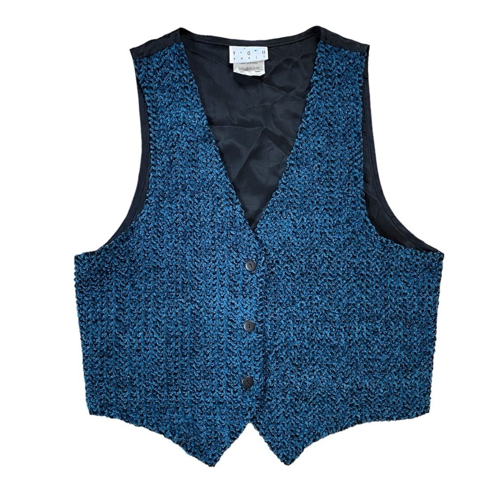 Vintage 80s You Babes Textured Prussian Blue Vest